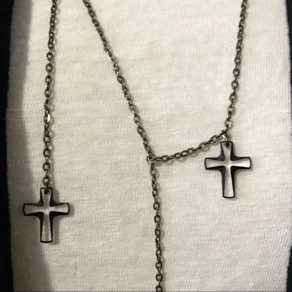 Gunmetal Multi Layer Asymmetrical Cross Necklace - Picture 3 of 6